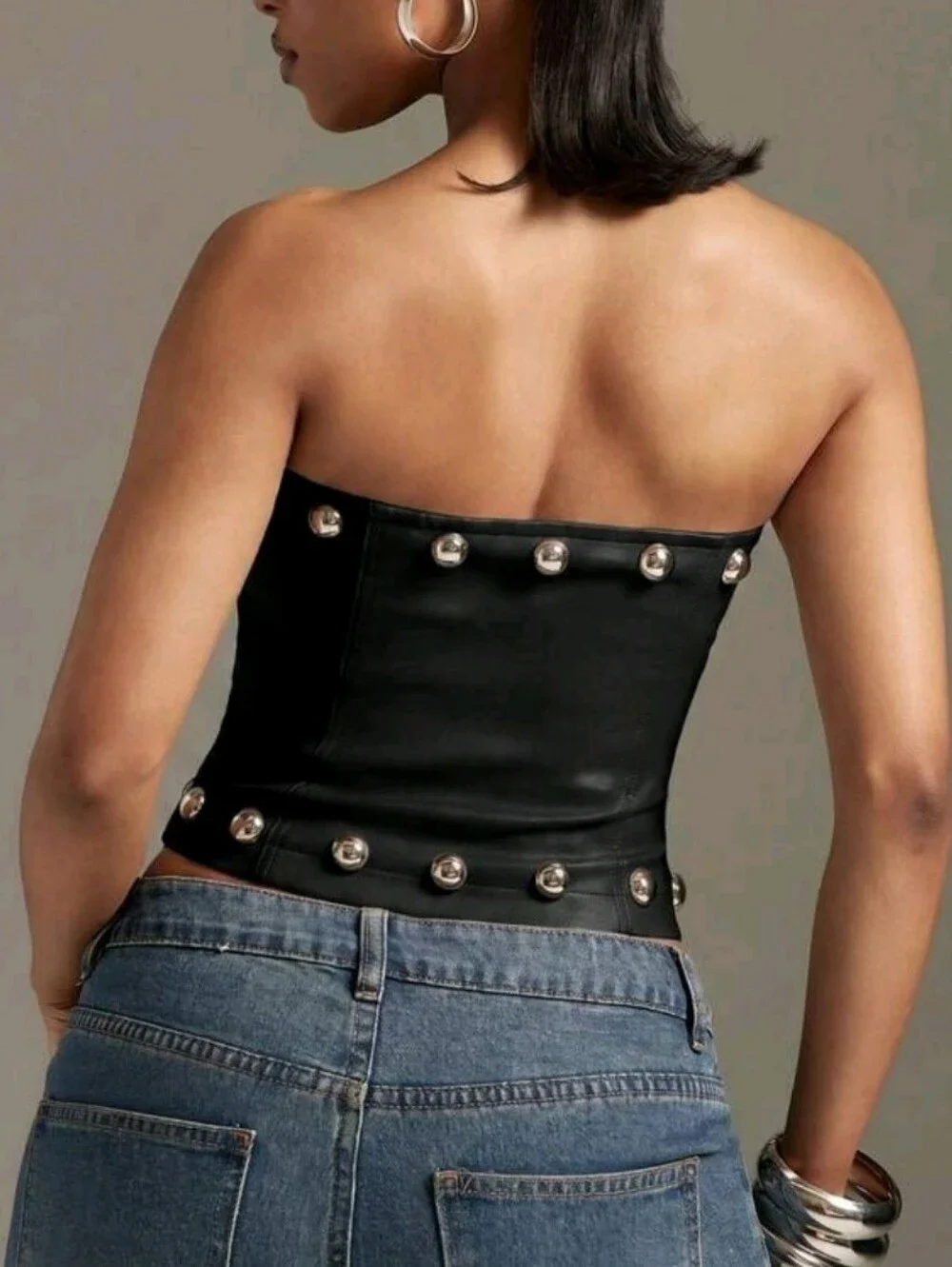 Strapless Black Faux Leather Studded Corset Top XL - Picture 2 of 7